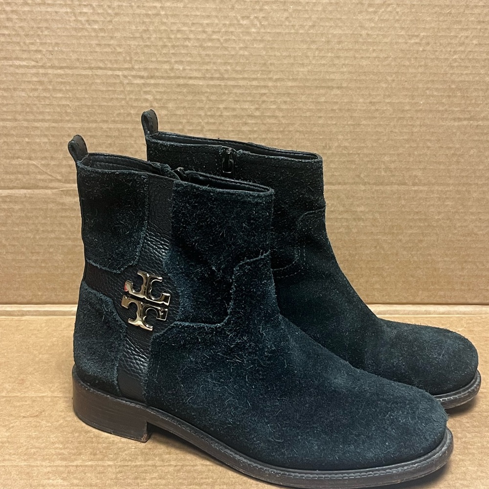 Tory Burch Alaina flat black suede ankle boots with gold logo